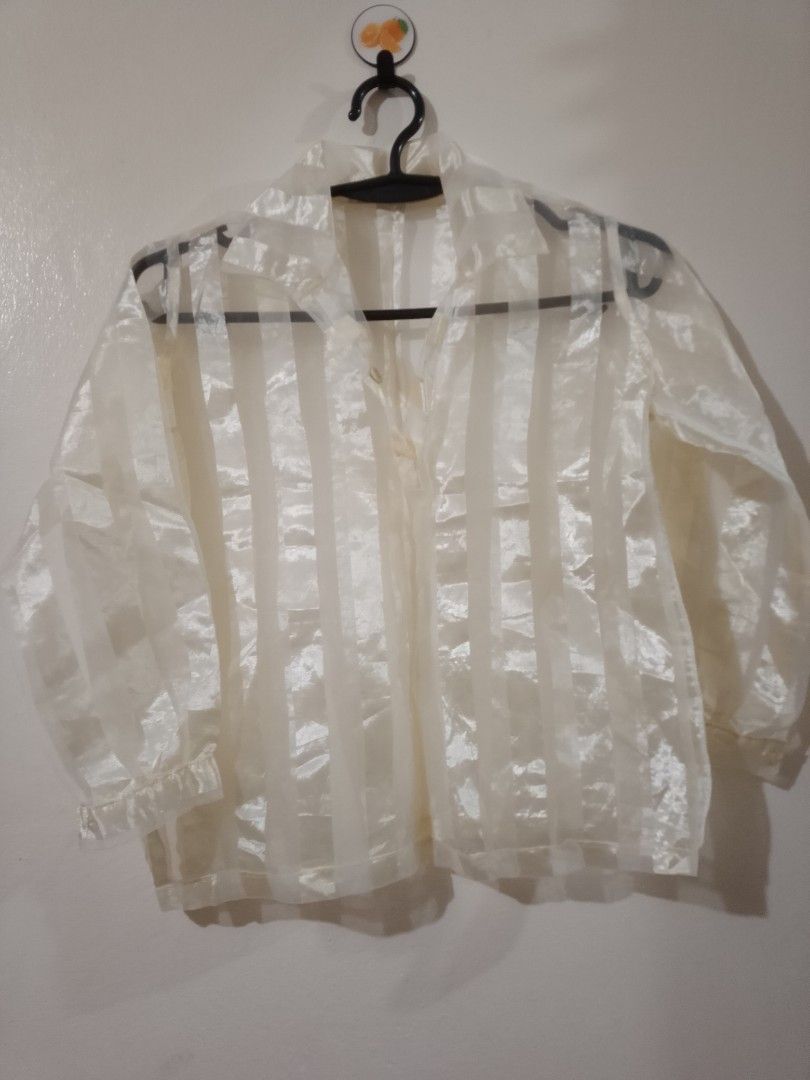 Sheer Striped Long Sleeve Blouse Top (Category: Babies & Kids Fashion) located in Cavite. Submitted by rodrycuteshop (Listing ID 1462642827, Image 1). Description: - Sheer white blouse - Vertical stripe pattern - Long sleeves with elastic cuffs - Button-up front closure - Lightweight and airy fabric - Ideal for layering over camisoles or bralettes - Adds an elegant touch to any outfit.