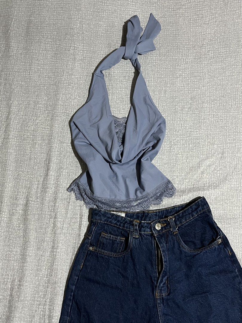 SHEIN Blue Lace Halter Top (Category: Sets or Coordinates) located in Manila. Submitted by az0r_ (Listing ID 1462502677, Image 1). Description: - Cute blue SHEIN halter top with delicate lace details. - Ties at the neck for an adjustable fit. - Includes dark wash denim shorts with zip fly and button closure. - Both items are from SHEIN, size XS for the top and likely similar for the shorts. - Ideal for casual wear, day trips, or evening gathering