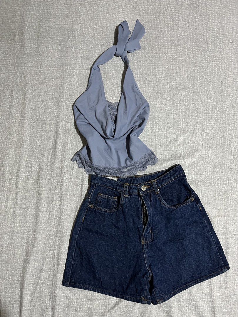 SHEIN Blue Lace Halter Top (Category: Sets or Coordinates) located in Manila. Submitted by az0r_ (Listing ID 1462502677, Image 2). Description: - Cute blue SHEIN halter top with delicate lace details. - Ties at the neck for an adjustable fit. - Includes dark wash denim shorts with zip fly and button closure. - Both items are from SHEIN, size XS for the top and likely similar for the shorts. - Ideal for casual wear, day trips, or evening gathering