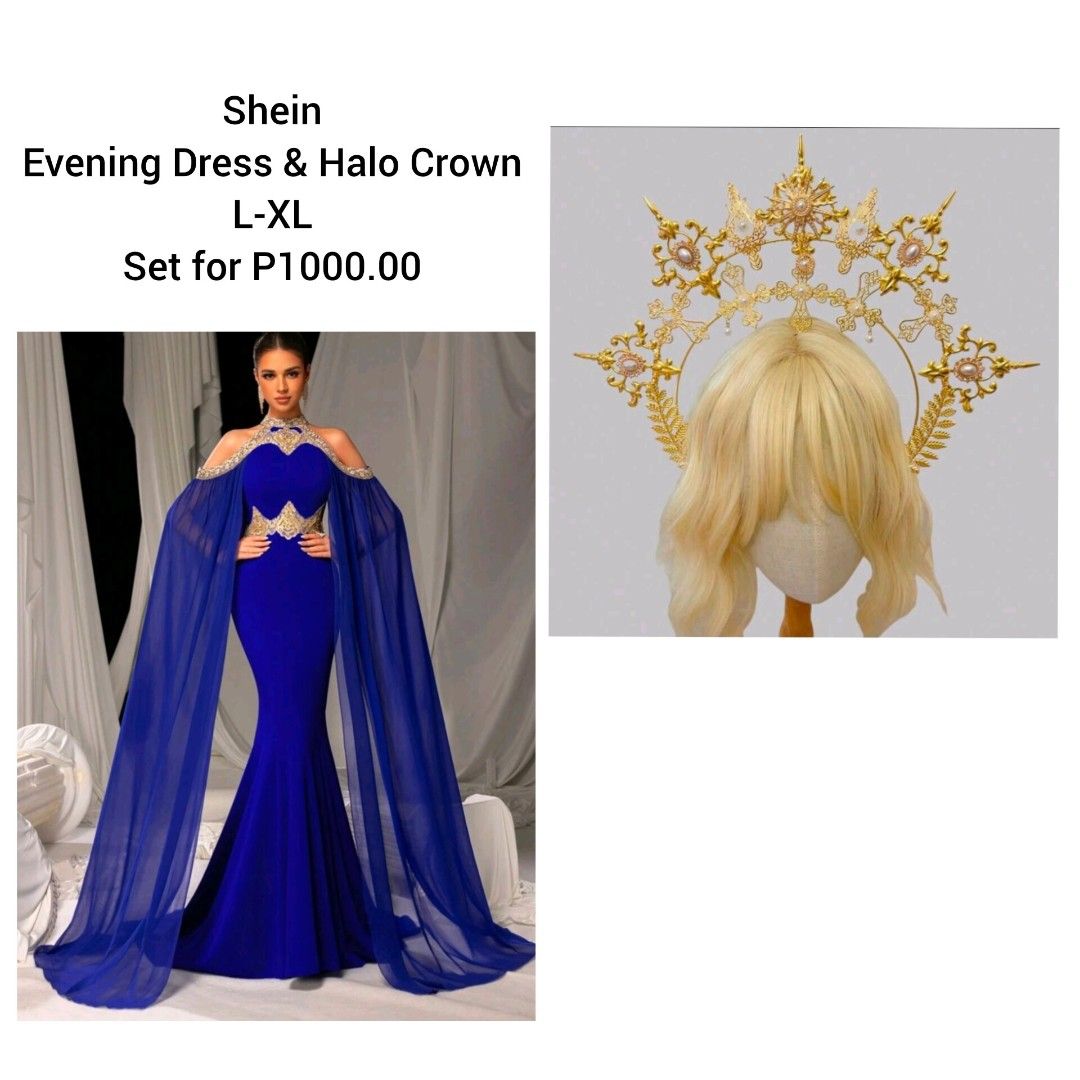 Shein Evening Dress & Halo Crown Set (Category: Evening dresses & gowns) located in Cabuyao City. Submitted by ciengbrightlikeadiamond (Listing ID 1462626607, Image 1). Description: - Royal Blue Evening Dress - Size: L-XL - Features: Cape sleeves, mermaid silhouette - Embellishments: Intricate gold detailing on bodice and neckline - Includes: Gold embellished halo crown with pearls and gold accents - Perfect for: Parties and special occasions - P