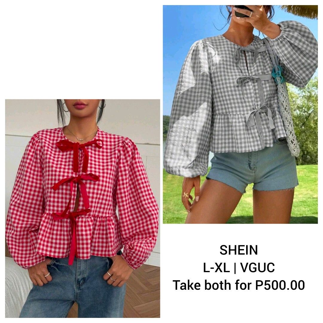 SHEIN Gingham Puff Sleeve Tops (Category: Blouses) located in Cabuyao City. Submitted by ciengbrightlikeadiamond (Listing ID 1462626312, Image 1). Description: - Bundle of 2 SHEIN Gingham Tops - Colors: Red & White, Grey & White - Features: Puff Sleeves, Ribbon Tie Detail - Size: L-XL - Price: P500.00 for both.