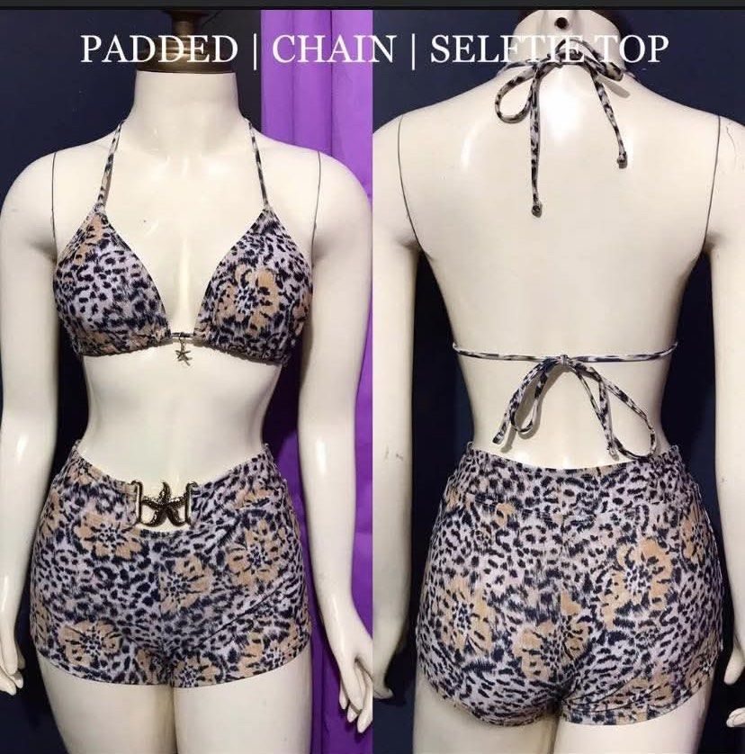 Shein Leopard Print Padded Bikini Top & Shorts Set (Category: Bikinis & Swimsuits) located in Manila. Submitted by stormibutterfly26 (Listing ID 1462488174, Image 1). Description: Used once. S-M, Cute leopard print bikini set with padded halter top (chain detail) and high-waisted shorts (gold buckle). Ties at back and neck. Perfect for beach or pool parties!.