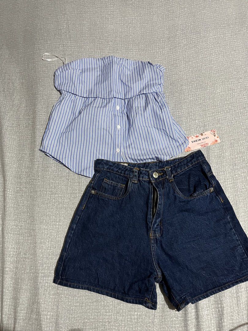 Shein Mod Blue Striped Tube Top (Category: Sets or Coordinates) located in Manila. Submitted by az0r_ (Listing ID 1462508035, Image 1). Description: - Cute blue and white striped peplum tube top from Shein - Features button details - High-waisted dark wash denim shorts - Both items are from Shein - Ideal for a casual summer outfit.