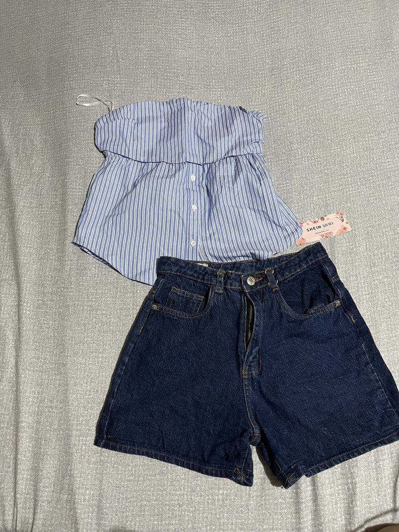Shein Mod Blue Striped Tube Top (Category: Sets or Coordinates) located in Manila. Submitted by az0r_ (Listing ID 1462508035, Image 2). Description: - Cute blue and white striped peplum tube top from Shein - Features button details - High-waisted dark wash denim shorts - Both items are from Shein - Ideal for a casual summer outfit.