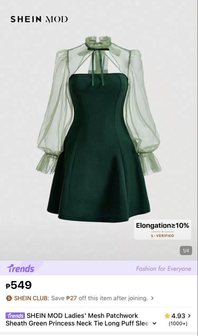 SHEIN MOD Green Mesh Patchwork Princess Neck Tie Dress (Category: Dresses) located in Quezon. Submitted by azi15 (Listing ID 1462465982, Image 1). Description: - SHEIN MOD dress in a beautiful dark green. - Features mesh patchwork design. - Includes a stylish neck tie. - Long puff sleeves for a fashionable look. - Princess-style sheath silhouette that flatters the figure. - Ideal for parties or any special occasion. - Used twice only.