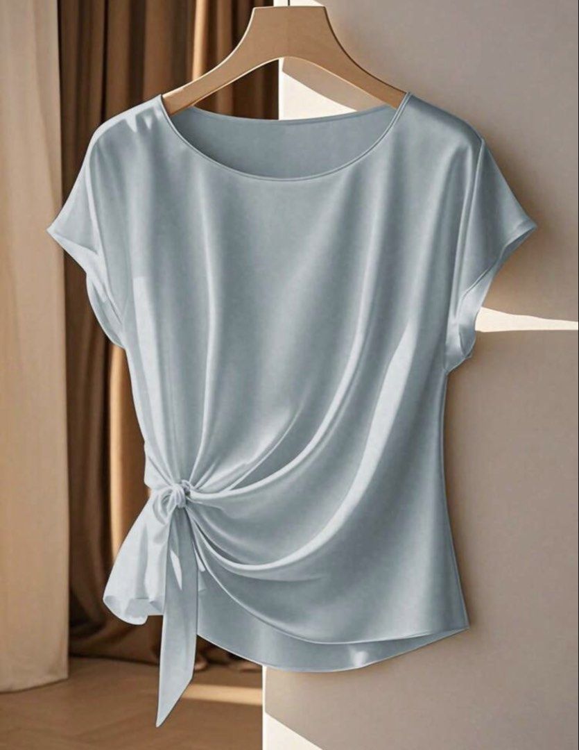 SHEIN Round Neck Ruffle Tie Blouse (Category: Blouses) located in Las Pinas. Submitted by sellerkjb (Listing ID 1462674193, Image 1). Description: BRAND NEW LAST PRICE POSTED LARGE NOTE: needs ironing, super gusot lang.