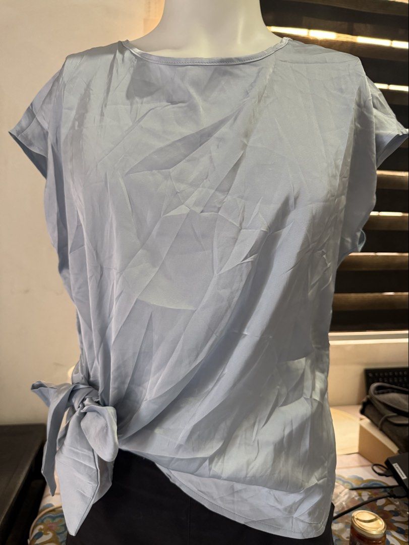 SHEIN Round Neck Ruffle Tie Blouse (Category: Blouses) located in Las Pinas. Submitted by sellerkjb (Listing ID 1462674193, Image 2). Description: BRAND NEW LAST PRICE POSTED LARGE NOTE: needs ironing, super gusot lang.