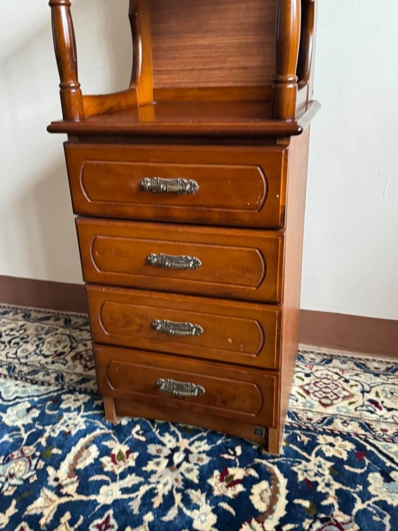 Side table (Category: Tables & Sets) located in Meycauayan. Submitted by marygracecasimiro (Listing ID 1462576632, Image 3). Description: Available - Vintage Wooden Telephone Side Table Open top shelf display Four drawers for storage of small items 5.5k Check photos first before buying✅ DM to Inquire🧡 Item will be sold AS IS. Please refrain from purchasing if you are particular about USED items and imperfections Major issues will be stated or sh