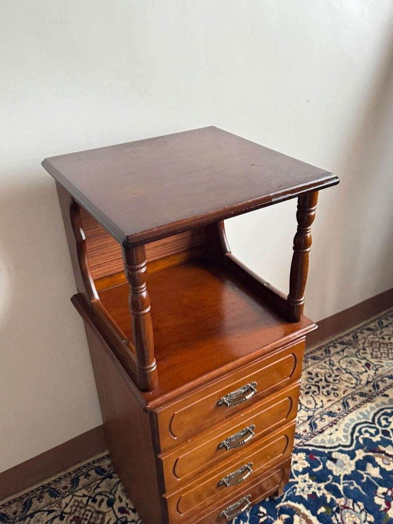 Side table (Category: Tables & Sets) located in Meycauayan. Submitted by marygracecasimiro (Listing ID 1462576632, Image 2). Description: Available - Vintage Wooden Telephone Side Table Open top shelf display Four drawers for storage of small items 5.5k Check photos first before buying✅ DM to Inquire🧡 Item will be sold AS IS. Please refrain from purchasing if you are particular about USED items and imperfections Major issues will be stated or sh