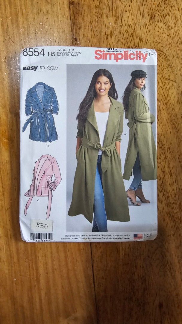 Simplicity 8554 Unlined Coat or Jacket Sewing Pattern (Category: Coats, Jackets and Outerwear) located in Quezon. Submitted by cgmhe (Listing ID 1462502115, Image 1). Description: - Simplicity sewing pattern for unlined coat or jacket - Easy to sew, great for beginners - Available in two size ranges: V.5 (6-8-10-12-14) and H5 (14-16-18-20-22) - Design a stylish trench coat or jacket - Recommended fabrics: linen, chambray, crepe.