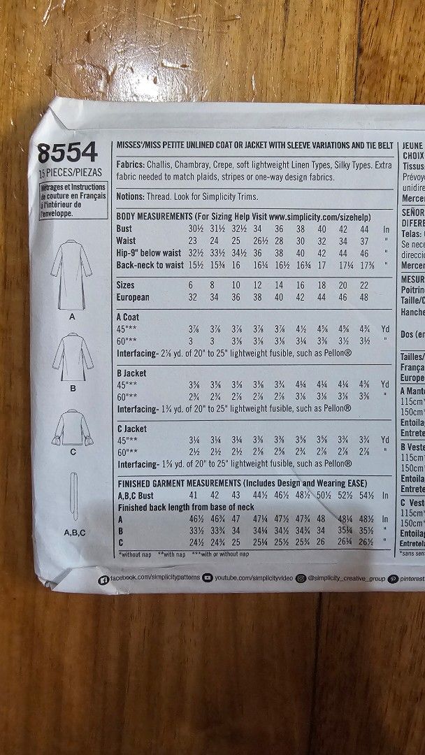 Simplicity 8554 Unlined Coat or Jacket Sewing Pattern (Category: Coats, Jackets and Outerwear) located in Quezon. Submitted by cgmhe (Listing ID 1462502115, Image 2). Description: - Simplicity sewing pattern for unlined coat or jacket - Easy to sew, great for beginners - Available in two size ranges: V.5 (6-8-10-12-14) and H5 (14-16-18-20-22) - Design a stylish trench coat or jacket - Recommended fabrics: linen, chambray, crepe.
