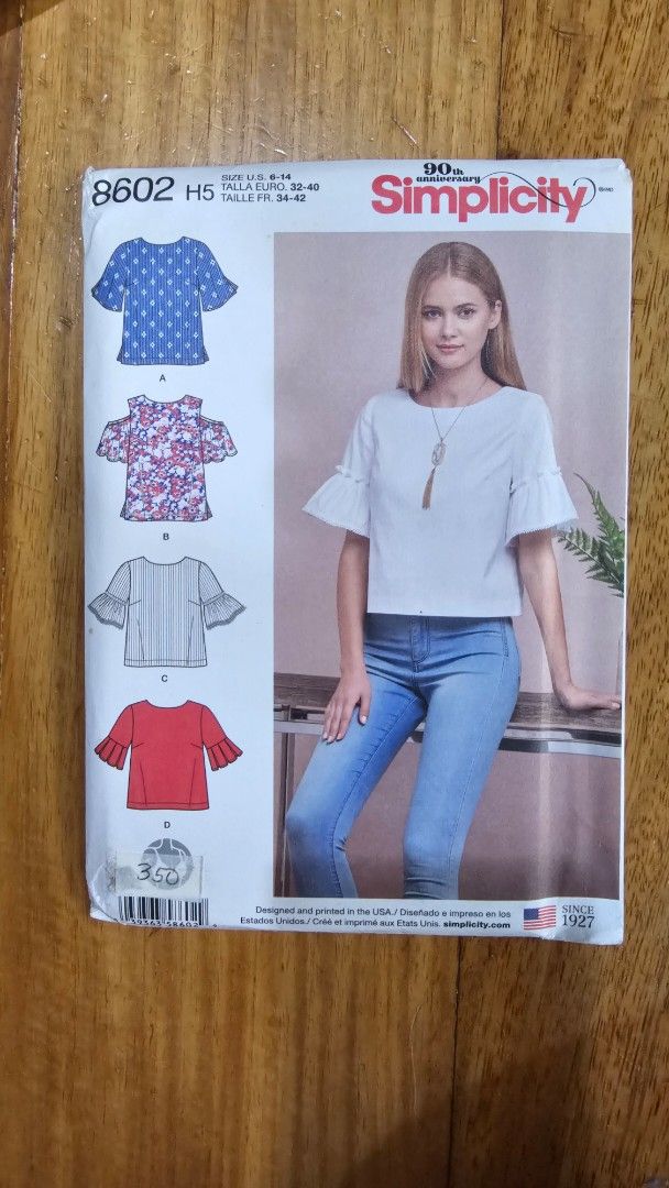Simplicity 8602 Top Sewing Pattern (Category: Craft Supplies & Tools) located in Quezon. Submitted by cgmhe (Listing ID 1462504538, Image 1). Description: - Simplicity sewing pattern 8602 - For making stylish tops - Includes multiple sleeve styles - Available in sizes 6-14 (US) - Fabric suggestions and measurements on the back.