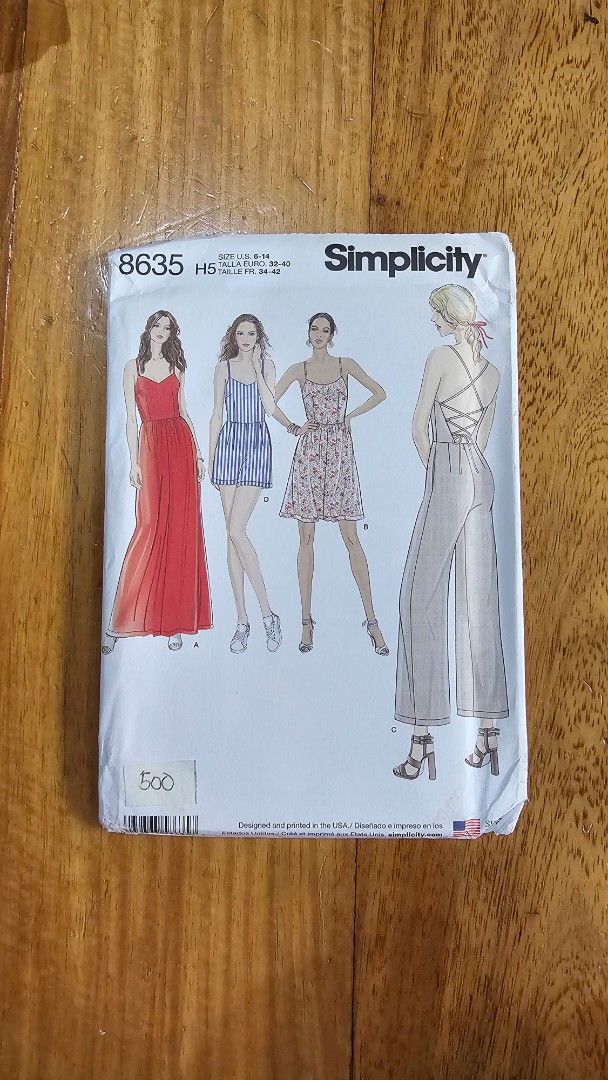 Simplicity 8635 Misses Dress, Jumpsuit, Romper Sewing Pattern (Category: Magazines) located in Quezon. Submitted by cgmhe (Listing ID 1462500270, Image 1). Description: Simplicity pattern 8635 for misses' dress, jumpsuit, and romper. Includes options for a maxi dress, a short dress, and a romper. Back detail has criss-cross lacing. Great for making your own stylish outfits. Pattern is for sizes 6-20. Check measurements on the back for your size..