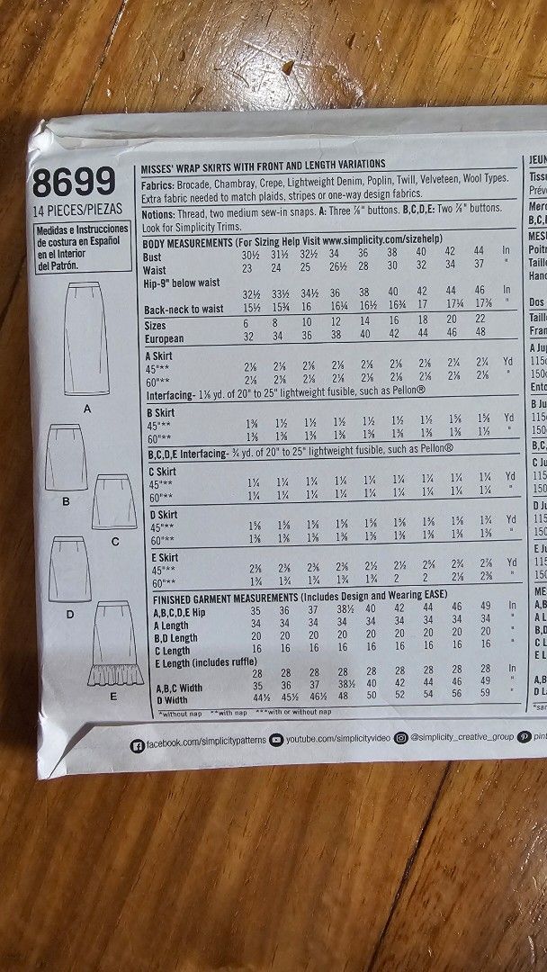 Simplicity 8699 Misses Wrap Skirts Sewing Pattern (Category: Craft Supplies & Tools) located in Quezon. Submitted by cgmhe (Listing ID 1462502529, Image 2). Description: - Sewing pattern for misses wrap skirts - Includes 14 pattern pieces - Options for A-line, straight, and midi lengths - Views B, C, D, E have two-button closures - Look for Simplicity Trims - Recommended fabrics: processed cotton, twill, polyester blends, linen blends, wool types