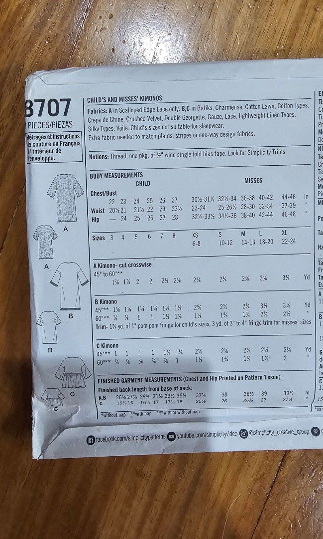 Simplicity Easy-to-Sew 8707 Kimono Sewing Pattern (Category: Craft Supplies & Tools) located in Quezon. Submitted by cgmhe (Listing ID 1462505672, Image 2). Description: - Simplicity Sewing Pattern 8707 - Easy-to-sew kimonos - Includes misses and child sizes - Great for chiffon, charmeuse, and lightweight cottons - Instructions included.