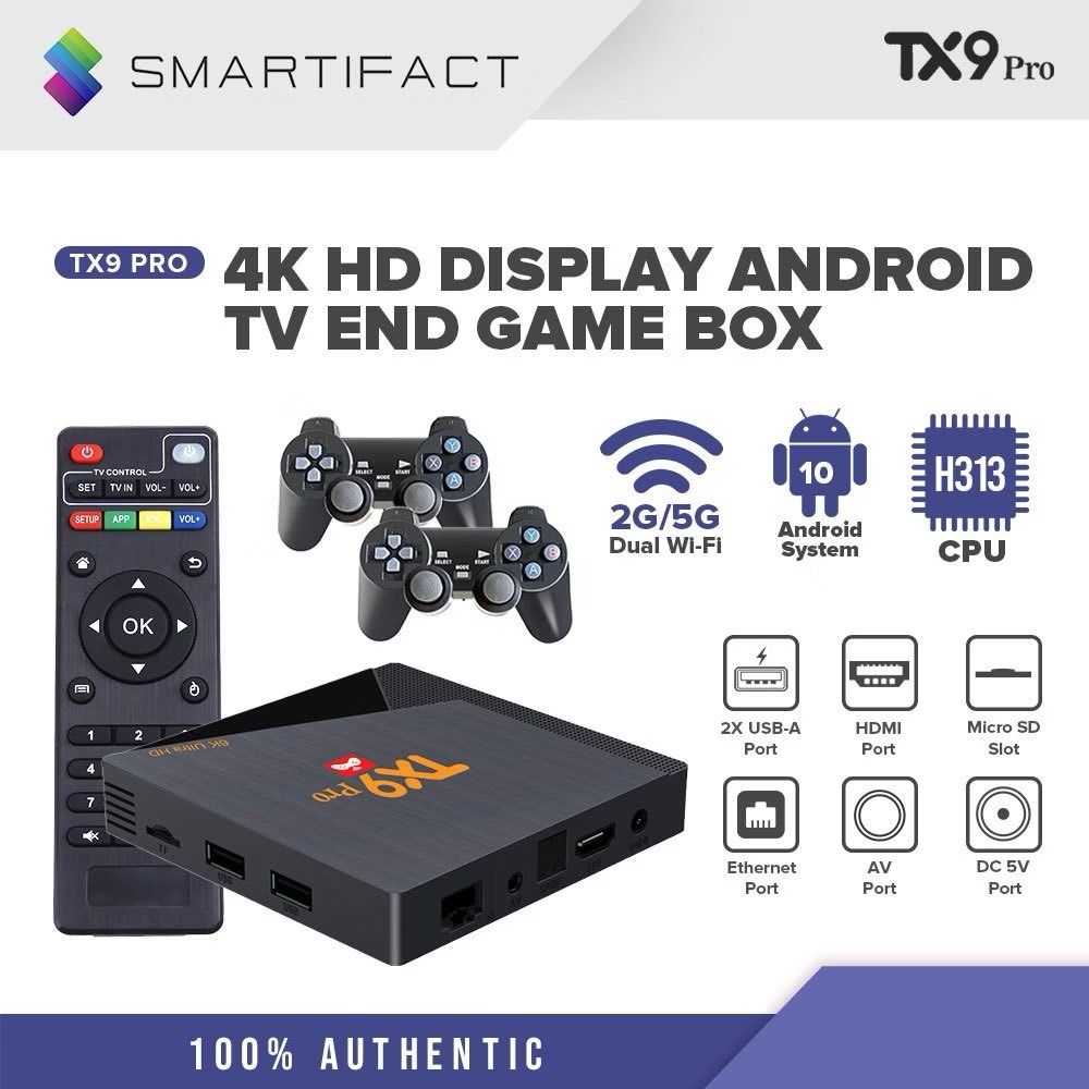 Smartifact TX9 Pro 4K HD Android TV Box Game Console Set (Category: TV) located in Manila. Submitted by starbalesukandjapansurplus (Listing ID 1462450890, Image 2). Description: AS IS UNTESTED POWER OK - Experience stunning 4K HD visuals. - Enjoy fast and stable internet with dual-band WiFi (2.4G/5G). - Comes with two game controllers for endless gaming fun. - Runs on the versatile Android operating system. - Features multiple ports: USB, HDMI, E