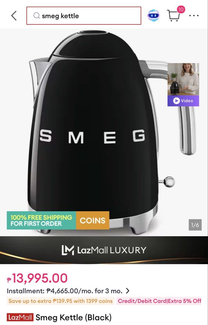 Smeg KLF03BLPH Electric Kettle (Black) (Category: Kettles & Airpots) located in Manila. Submitted by liverabbit-fe6508 (Listing ID 1462480499, Image 1). Description: - Brand New Smeg Electric Kettle - Model: KLF03BLPH - Color: Black - Voltage: 220-240V - Power: 2000-2400W - Designed in Italy - come with smeg shopping bag. - Non Negotiable..