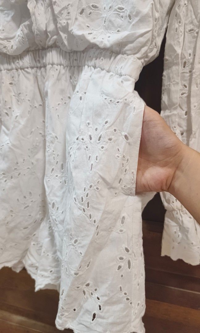 Snidel White Eyelet Ruffle Long sleeve Romper (Category: Rompers) located in Cainta. Submitted by shaye_declutters (Listing ID 1462502577, Image 2). Description: used once fabric is flowy and breathable with markings on tag since this was thrifted slightly stretchy l: 28.5" b: ‎32-34" w: ‎24-28".