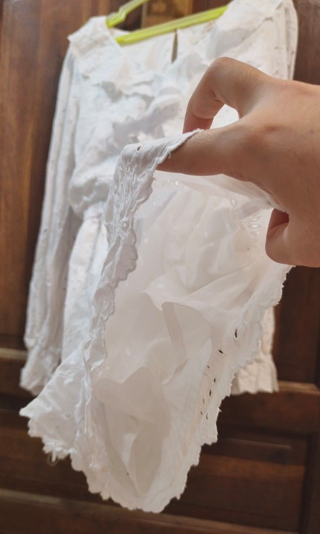 Snidel White Eyelet Ruffle Long sleeve Romper (Category: Rompers) located in Cainta. Submitted by shaye_declutters (Listing ID 1462502577, Image 3). Description: used once fabric is flowy and breathable with markings on tag since this was thrifted slightly stretchy l: 28.5" b: ‎32-34" w: ‎24-28".