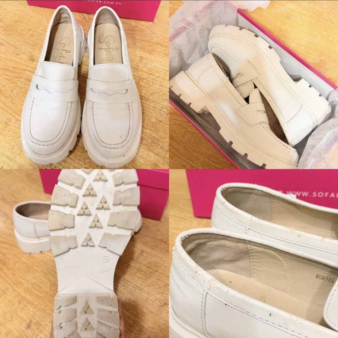 SofaB & H&M Loafers - Black & White (Category: Loafers) located in Cavite. Submitted by k3shii (Listing ID 1462576442, Image 2). Description: FS: Sofab Muriel x H&M Chunky Loafers (Buy 1 take 1) RFS: Decluttering. Black loafers with gold hardware. White loafers with chunky soles. Both are slip-on style. The black pair is size 40. The white pair has 'Muriel' on the insole. Comes with Sofab box. Check photos for details..