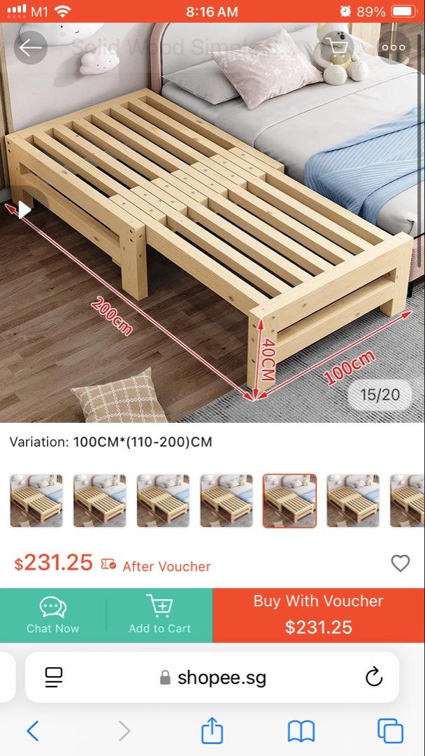 Solid Wood Extendable Bed Frame (Category: Bed Frames & Mattresses) located in Singapore. Submitted by becca647 (Listing ID 1462441272, Image 1). Description: - Changed my mind after buying - Solid natural wood bed frame - Extendable length: 100cm to 200cm - Height: 40cm - Perfect for saving space or growing children - Comes flat-packed for easy transport - Still in box, not unpacked.