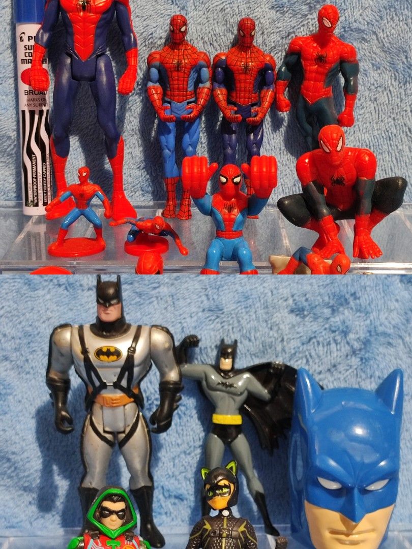 Spider-Man and Batman Action Figures Collection (Category: Figurines & Statues) located in Baguio. Submitted by abigailmyra (Listing ID 1462511167, Image 1). Description: - Collection of Spider-Man and Batman action figures. - Features various Spider-Man poses. - Includes Batman, Robin, and Catwoman figures. - P15-P65 details in the photos.