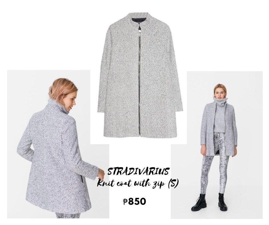 Stradivarius Knit Coat with Zip (Size S) (Category: Coats, Jackets and Outerwear) located in Balanga. Submitted by serrahkay (Listing ID 1462548138, Image 1). Description: - Stradivarius grey knit coat - Zip-up front - High neckline - Textured, speckled material - Size S - Ideal for a casual, chic outfit.