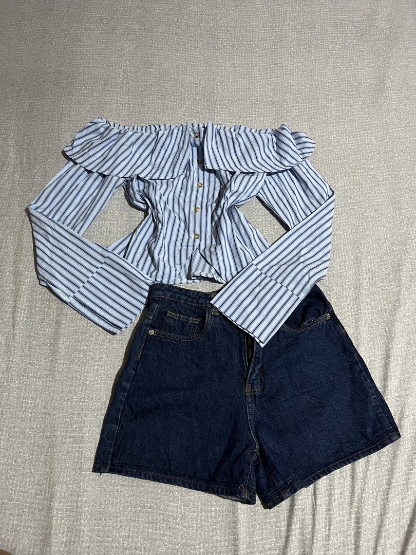 Striped Off-Shoulder Top (Category: Sets or Coordinates) located in Manila. Submitted by az0r_ (Listing ID 1462506940, Image 2). Description: - Cute striped off-shoulder top - Long sleeves with front buttons - Paired with dark wash denim shorts - Ideal for casual wear, beach trips, and versatile styling - Comfortable and stylish.