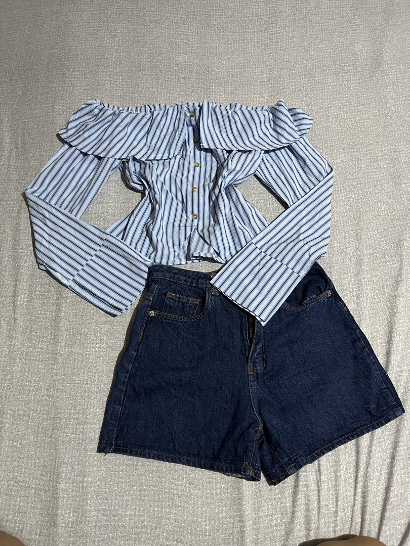 Striped Off-Shoulder Top (Category: Sets or Coordinates) located in Manila. Submitted by az0r_ (Listing ID 1462506940, Image 1). Description: - Cute striped off-shoulder top - Long sleeves with front buttons - Paired with dark wash denim shorts - Ideal for casual wear, beach trips, and versatile styling - Comfortable and stylish.
