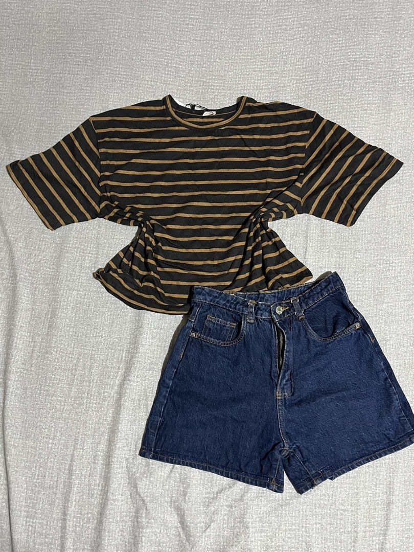 Striped Tee (Category: Sets or Coordinates) located in Manila. Submitted by az0r_ (Listing ID 1462504510, Image 1). Description: - Casual striped t-shirt with short sleeves and relaxed fit. - Dark wash denim shorts with a high-waisted design. - Features a secure button and zip closure on the shorts. - Versatile set, ideal for everyday wear and easy to style..
