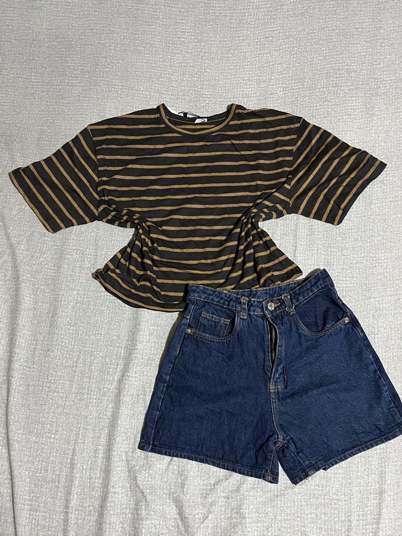 Striped Tee (Category: Sets or Coordinates) located in Manila. Submitted by az0r_ (Listing ID 1462504510, Image 2). Description: - Casual striped t-shirt with short sleeves and relaxed fit. - Dark wash denim shorts with a high-waisted design. - Features a secure button and zip closure on the shorts. - Versatile set, ideal for everyday wear and easy to style..