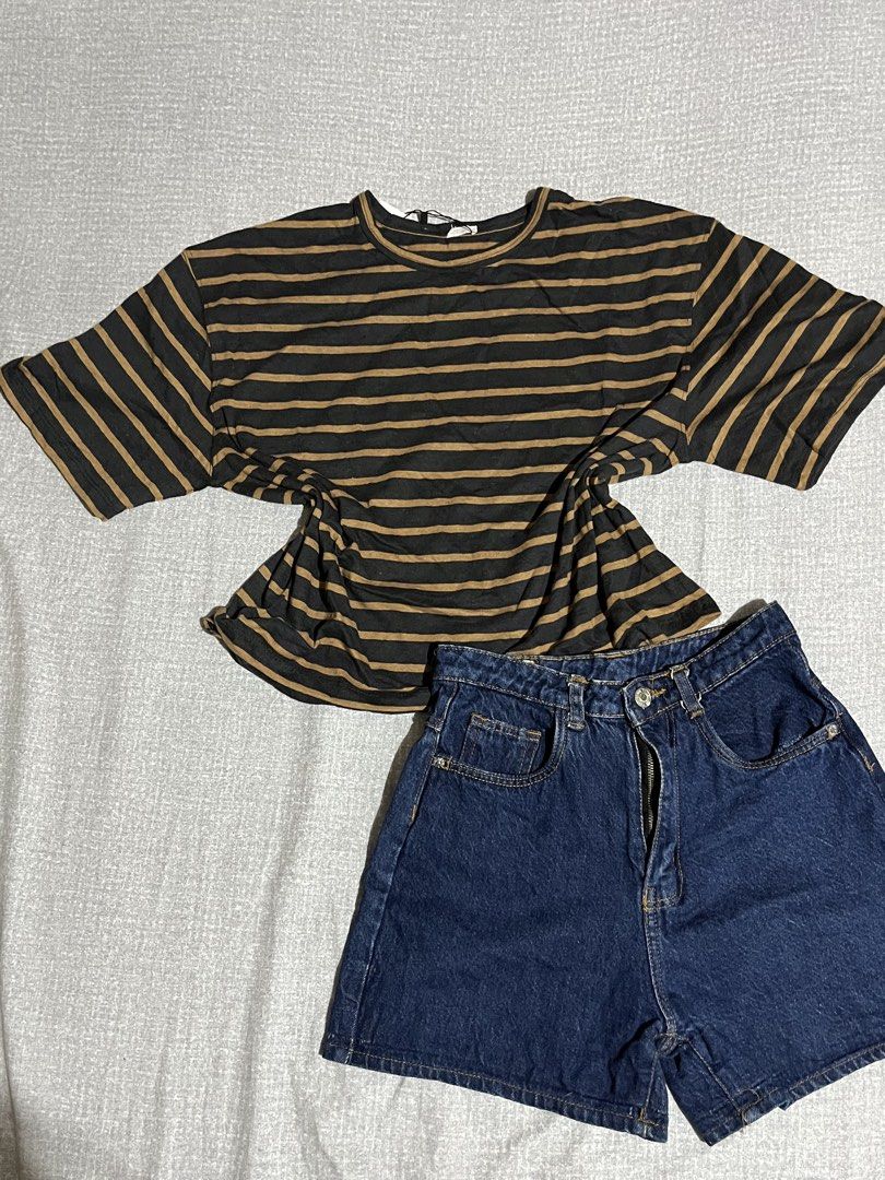 Striped Tee (Category: Sets or Coordinates) located in Manila. Submitted by az0r_ (Listing ID 1462504510, Image 3). Description: - Casual striped t-shirt with short sleeves and relaxed fit. - Dark wash denim shorts with a high-waisted design. - Features a secure button and zip closure on the shorts. - Versatile set, ideal for everyday wear and easy to style..