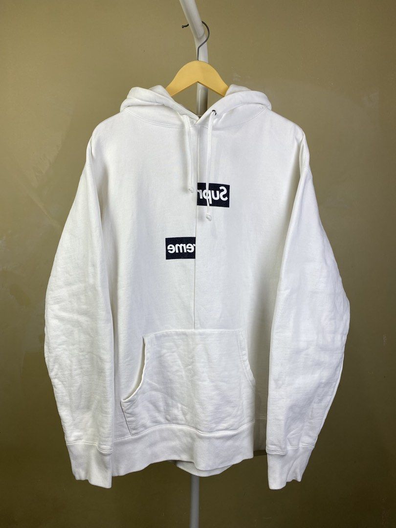 Supreme x Comme Des Garcons - Split Box Logo Hoodie Jacket (Category: Luxury Apparel) located in Dasmarinas. Submitted by goodbuyartisanal (Listing ID 1462538795, Image 1). Description: Supreme x Comme des garcons split box logo Hoodie jacket size XL Width 27 inches Length 28.5 inches Hem 22.5 inches Sleeves 25 inches Shoulder 22 inches excellent condition Price : 6,500 + ship Pm me.