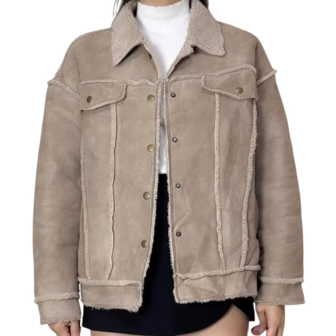 Tan Suede Sherpa Lined Trucker Jacket (Category: Coats, Jackets and Outerwear) located in Davao. Submitted by oreoswithpeanutbutter (Listing ID 1462557089, Image 1). Description: FREE SHIPPING from DAVAO FREE DELIVERY within DAVAO - Cool tan trucker jacket - Soft sherpa lining and collar for extra warmth - Rugged suede material - Button front closure - Chest pockets - Great for layering - Pairs well with jeans or a skirt.