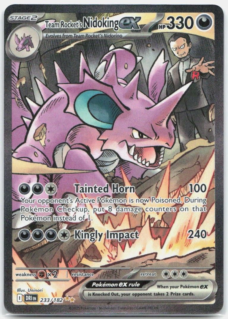 Team Rocket's Nidoking ex Special Illustration Rare Destined Rivals 233/182 NM （分類：原色卡片）位於 Hong Kong。 由 carousellglobal_hk 提交（商品編號 1454232768，圖片 1）。簡介： [Game] Pokémon TCG [Card Name] Team Rocket's Nidoking ex [Card Number] 233/182 [Set] SV10: Destined Rivals [Finish] Holofoil [Manufacturer] The Pokemon Company [Language] English [Age Level] 4+ [Card Size] Standard [Material] Card Stock [Features] Holofoil [Country of Origin] United States [Countr