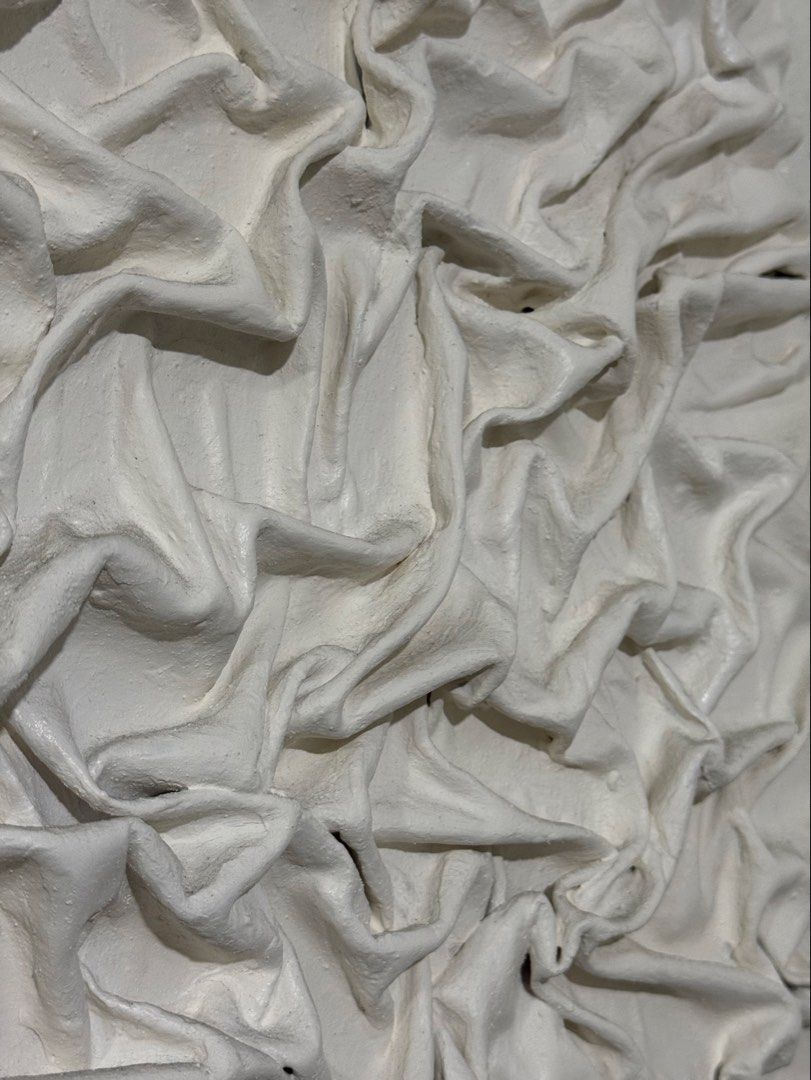 Textured White Fabric Wall Art Canvas (Category: Wall Decor) located in Manila. Submitted by blueginger747 (Listing ID 1462636785, Image 3). Description: - Unique textured wall art piece - White fabric draped and secured on canvas - Adds dimension and visual interest - Neutral color complements various decor styles - Ideal for living room, bedroom, or hallway - 19x19inches.
