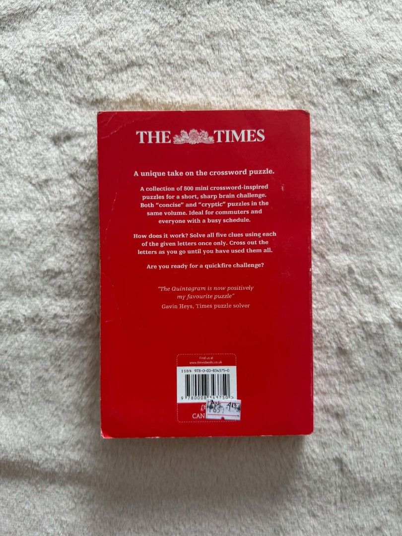 The Times Quintagrams - (Category: Storybooks) located in Santiago. Submitted by bookworm_club (Listing ID 1462455564, Image 3). Description: 📚no cancellation, return or exchange. 📚secondhand books. some books are in good condition while some has minimal flaws (foxing, creases, dog-eared pages, etc.) 📚reasonable haggling is allowed. 💰MOP: For same day pickup - CASH & BANK TRANSFER For shipping or scheduled pickup - BANK TRANSFER 🚚MOD: •Store