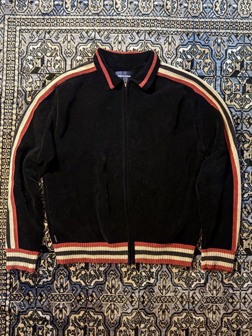 thisisneverthat Knit Zip-Up Jacket (Category: Coats, Jackets and Outerwear) located in San Juan City. Submitted by blueroomfinds (Listing ID 1462575578, Image 1). Description: - Brand: thisisneverthat - Color: Black - Material: Cotton - Style: Zip-up Track Jacket - Features: Striped ribbed collar, cuffs, and hem - Size: S Length: 25 Width: 20.