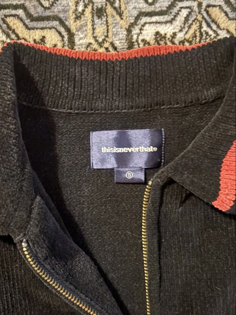 thisisneverthat Knit Zip-Up Jacket (Category: Coats, Jackets and Outerwear) located in San Juan City. Submitted by blueroomfinds (Listing ID 1462575578, Image 3). Description: - Brand: thisisneverthat - Color: Black - Material: Cotton - Style: Zip-up Track Jacket - Features: Striped ribbed collar, cuffs, and hem - Size: S Length: 25 Width: 20.
