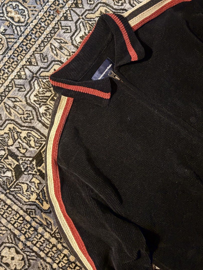 thisisneverthat Knit Zip-Up Jacket (Category: Coats, Jackets and Outerwear) located in San Juan City. Submitted by blueroomfinds (Listing ID 1462575578, Image 2). Description: - Brand: thisisneverthat - Color: Black - Material: Cotton - Style: Zip-up Track Jacket - Features: Striped ribbed collar, cuffs, and hem - Size: S Length: 25 Width: 20.