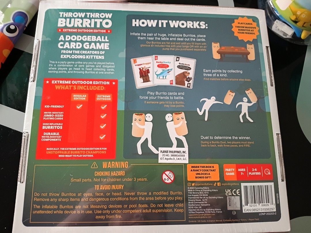 Throw Throw Burrito Extreme Outdoor Edition Card Game (Category: Board Games & Puzzles) located in Binangonan. Submitted by chingtp (Listing ID 1462606841, Image 2). Description: - Dodgeball card game from the creators of Exploding Kittens. - Extreme Outdoor Edition for active play. - Includes 120 water-resistant, jumbo-sized playing cards. - Comes with huge, inflatable burritos. - Durable components built for outdoor fun. - Great for parties and