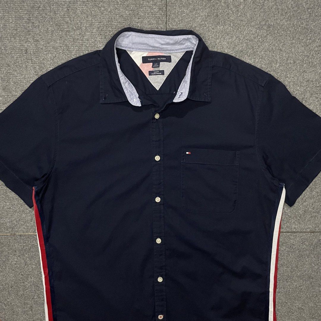 Tommy Hilfiger button down with tricolor stripes side detail (Category: Formal Shirts) located in Iloilo. Submitted by icy.flame5001_auth (Listing ID 1462643215, Image 3). Description: Width: 22 Length: 29 Authentic Large.