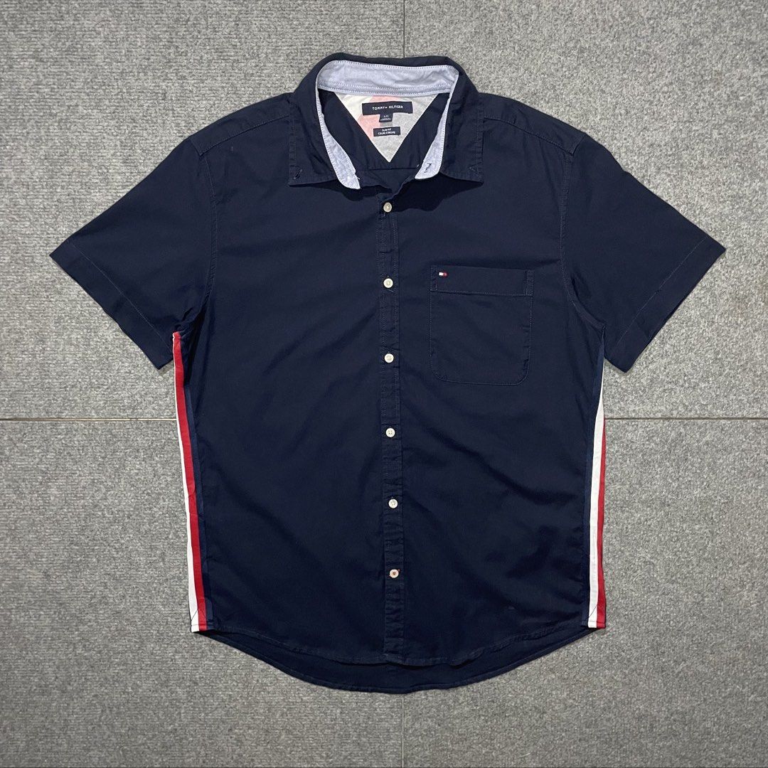 Tommy Hilfiger button down with tricolor stripes side detail (Category: Formal Shirts) located in Iloilo. Submitted by icy.flame5001_auth (Listing ID 1462643215, Image 1). Description: Width: 22 Length: 29 Authentic Large.