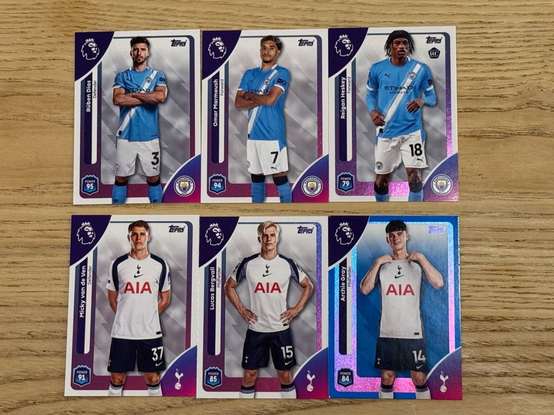 Topps Premier League 球員卡 / [曼城/熱刺] 普通卡 / 2025-26 英格蘭超級聯賽 [只順風到付 / 郵局平郵 , 非誠勿擾及自重] @HK$5 一張 (適合零碎欠卡收藏者) （分類：文具及工藝 - 畫作及印刷品）位於 Hong Kong。 由 chanronnie53532 提交（商品編號 1462537376，圖片 1）。簡介： 英格蘭超級聯賽2025-26賽季 - Topps Topps Premier League 2025-26 (Manchester City) Rúben Dias / Omar Marmoush / Reigan Heskey [各1] @HK$5 一張 (Tottenham Hotspur) Micky van de Ven / Lucas Bergvall / Archie Gray [各1] @HK$5 一張 只順風到付/郵局平郵 / 非誠勿擾及自重 / 適合零碎欠卡收藏者 附上透明保護套。