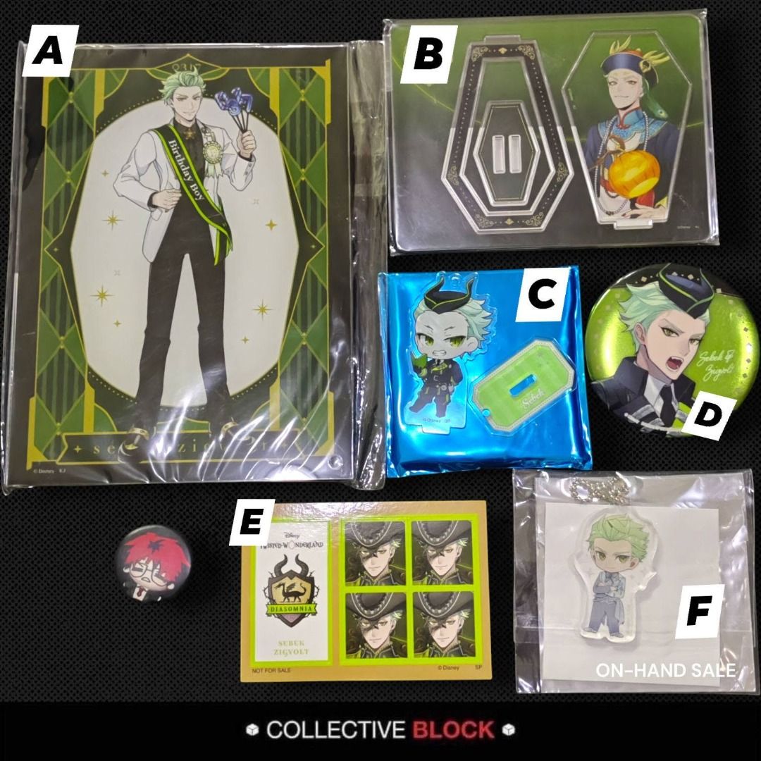Twisted Wonderland Diasomnia Sebek Zigvolt Assorted Merch (Category: Character Goods) located in Manila. Submitted by collectiveblockph (Listing ID 1462642712, Image 1). Description: 🏷️ Prices for each: (A) Acrylic Birthday Panel - P800 (B) Halloween Acrylic Stand - P650 (C) Chibi Acrylic Stand - P270 (D) Can Badge - P150 (E) Sticker - P80 (F) Cafe Chibi Acrylic - P150 *Open for take all for P1850 -- ❗Pm for more questions 📍Mode of Payment - Gc