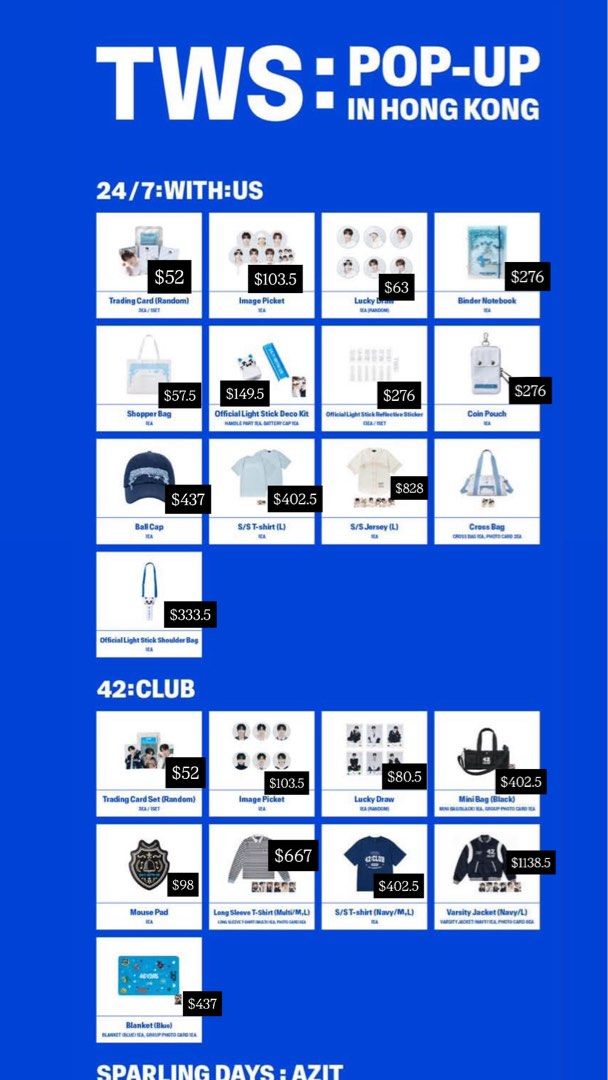 TWS 快閃代購 （分類：韓流周邊）位於 Hong Kong。 由 ysyklylcmllc 提交（商品編號 1462579650，圖片 3）。簡介： 香港接tws快閃代購🩵 每件收15%代購費 價錢在圖～～ 需先付全數只收Alipay～ 購物滿$300會有滿額卡 如有缺貨會全數退款 可平郵／sf到付／面交（限宋皇台或觀塘） 有意請dm ig ～ IG:sooennie_jij0 有瑕概不負責 會盡量揀狀態較好的！ 跑單一律收貨品的50%。