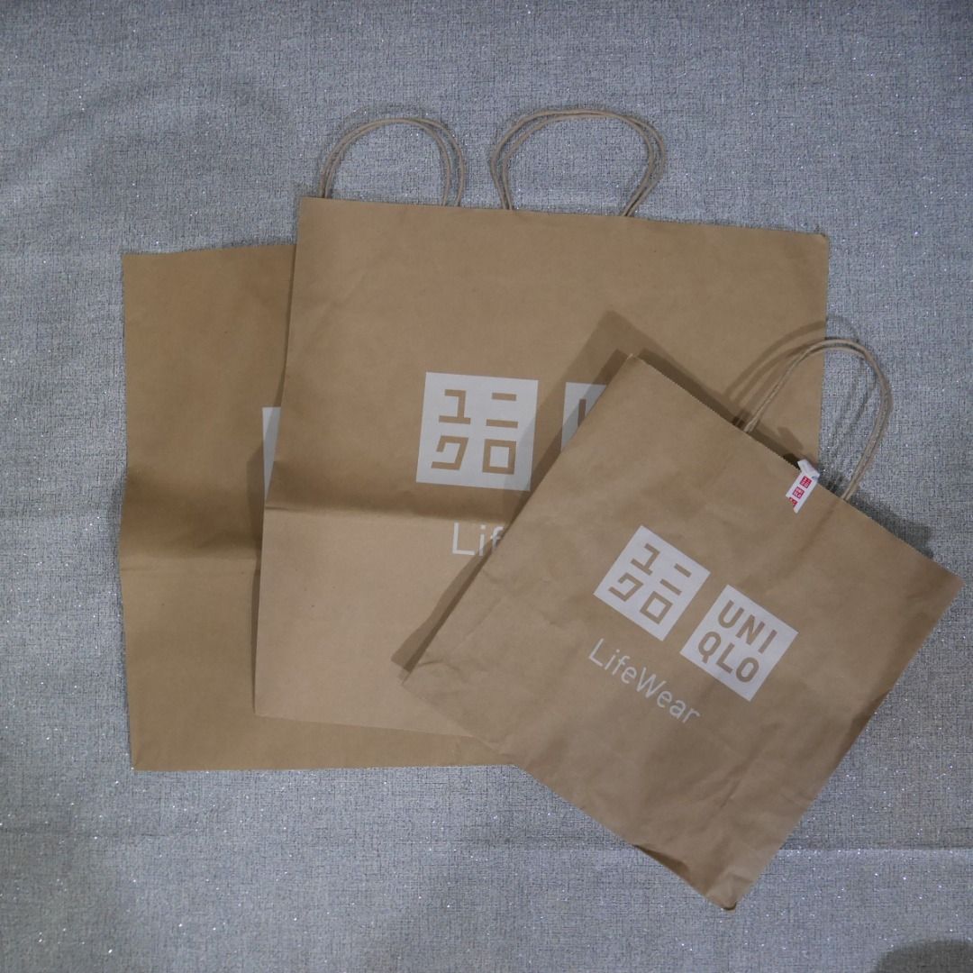 Uniqlo brown Paper Bags (Category: Other Stationery & Craft) located in Valenzuela. Submitted by cletini (Listing ID 1462619631, Image 1). Description: Available in 4 pcs, 2 sizes. Small #1 : 28.5 cm (11.2")** | **33 cm (13")** | P30 Medium #1 : 39 cm (15.3")** | **49 cm (19.3")** | P50 Medium #2: : 39 cm (15.3")** | **49 cm (19.3")** P50 Medium #3: not in posting . But same as 1&2 P50 Condition Statement (Very Important): Authentic: Guaranteed 1