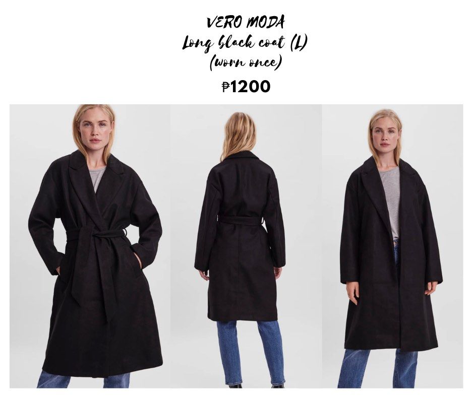 VERO MODA Long Black Coat (L) (Category: Coats, Jackets and Outerwear) located in Balanga. Submitted by serrahkay (Listing ID 1462546370, Image 1). Description: - VERO MODA Long Black Coat - Size: L - Condition: Worn only once - Style: Classic, perfect for layering - Versatility: Goes with everything - Reason for Selling: No longer my style - Price: Bargain!.