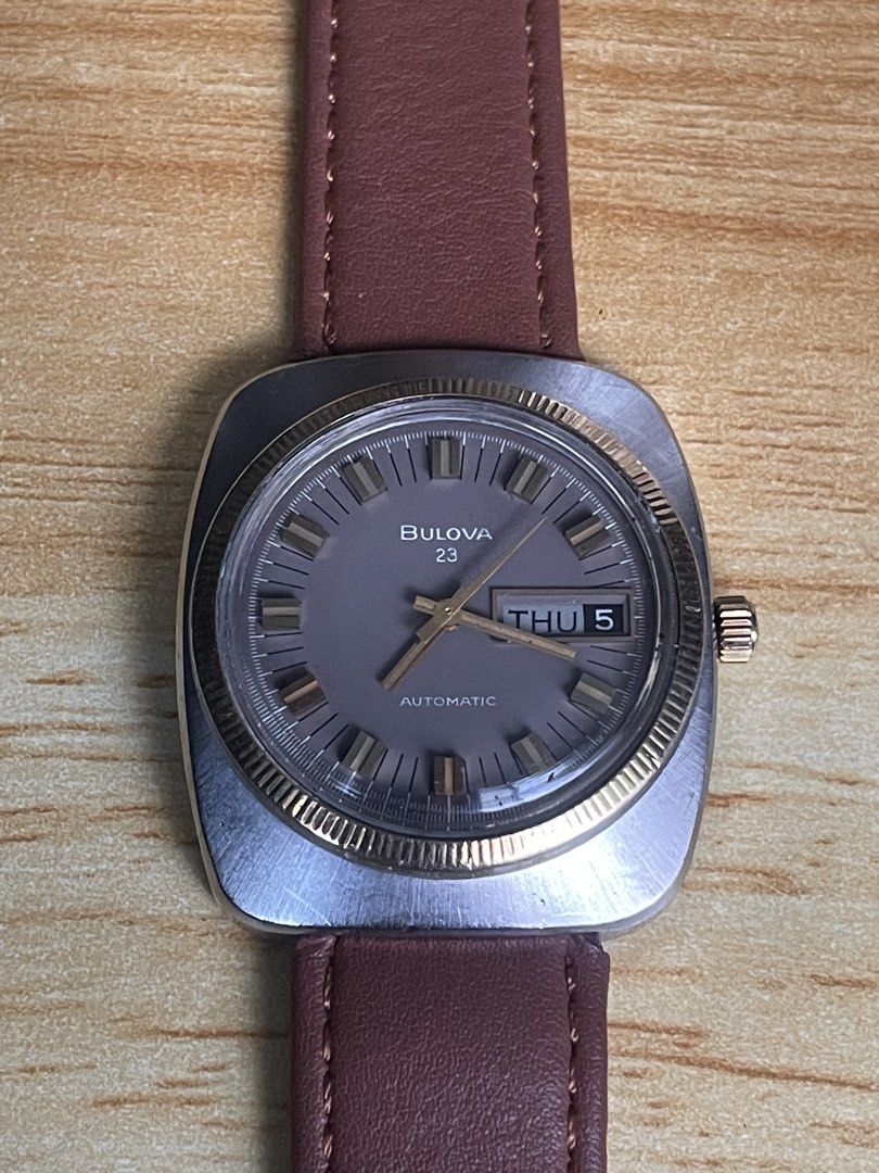 Vintage Bulova Senator F (Category: Men's Watches) located in Taguig. Submitted by tester1x (Listing ID 1462477201, Image 2). Description: Vintage Bulova Senator F 1970’s Automatic Day/Date Swiss Made Bulova N4 T027791 Brown Dial 10k Bezel Stainless Steel Case SS Back Case 35 x 40mm Replacement Strap. Orig. buckle .