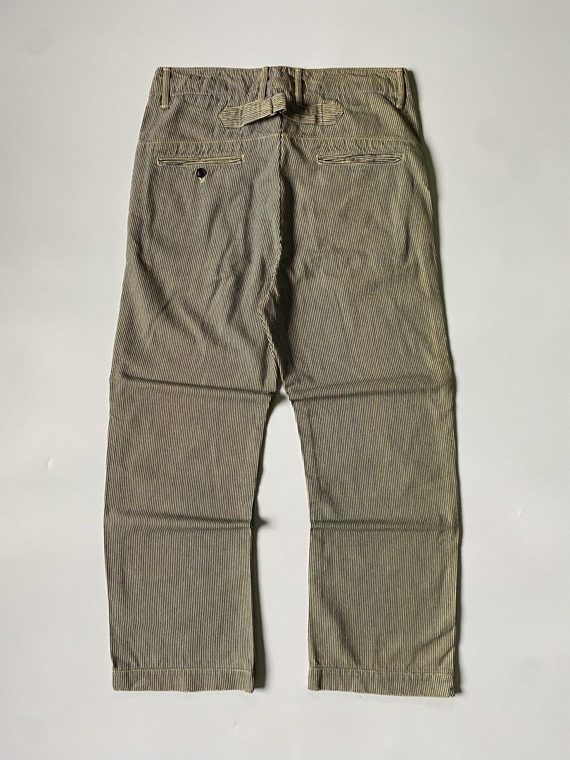 Vintage Chimala Buckle Back Hickory Striped Work Trouser (Category: Trousers) located in Baguio. Submitted by the_gunstore (Listing ID 1462626544, Image 1). Description: Size tagged: 32 Issue: None Waistline:16(32) Full Length:39.5 Thigh:12 Leg Opening:8.5 Inseam:27 Knee:9.5 Front Rise:13.5.